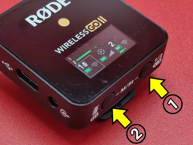 ワイヤレスマイク「RODE WIRELESS GO 2」操作方法：受信機側の右ボタンでチャンネルを切り替えてミュートにする