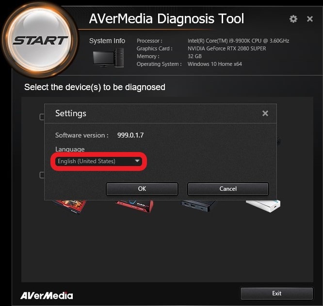 AVerMedia「診断ツール」の使い方！キャプチャーボード購入前に診断：「English（United States）」をクリック