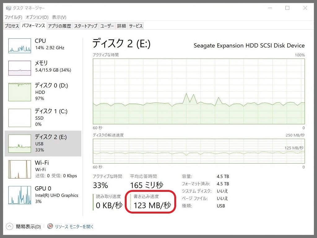 Seagate ExpansionポータブルHDD：動画ファイルの書き込み速度