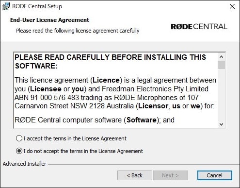 「RODE Central」のアプリ：使用許諾契約書
