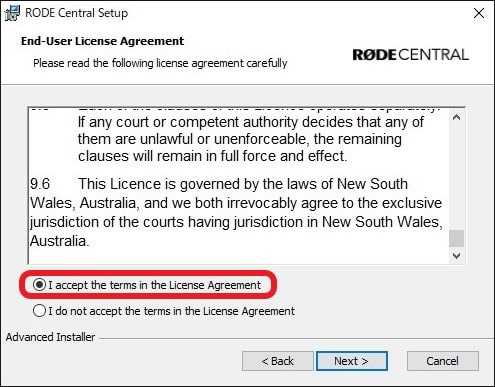 「RODE Central」のアプリ：使用許諾契約書に同意して「Next」をクリック