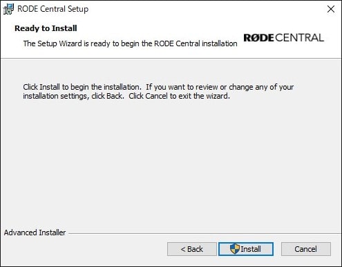 「RODE Central」のアプリ：「Install」をクリック