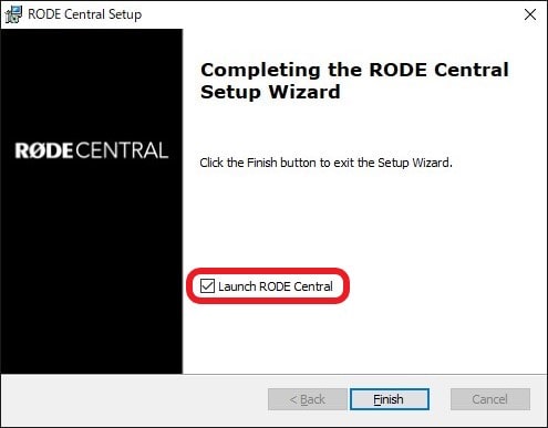 「RODE Central」のアプリ：Launch RODE Centralにチェックを入れて「Finish」