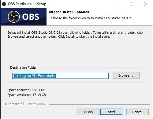 OBS Studio インストール方法！インストール先を決めて「Install」を選択