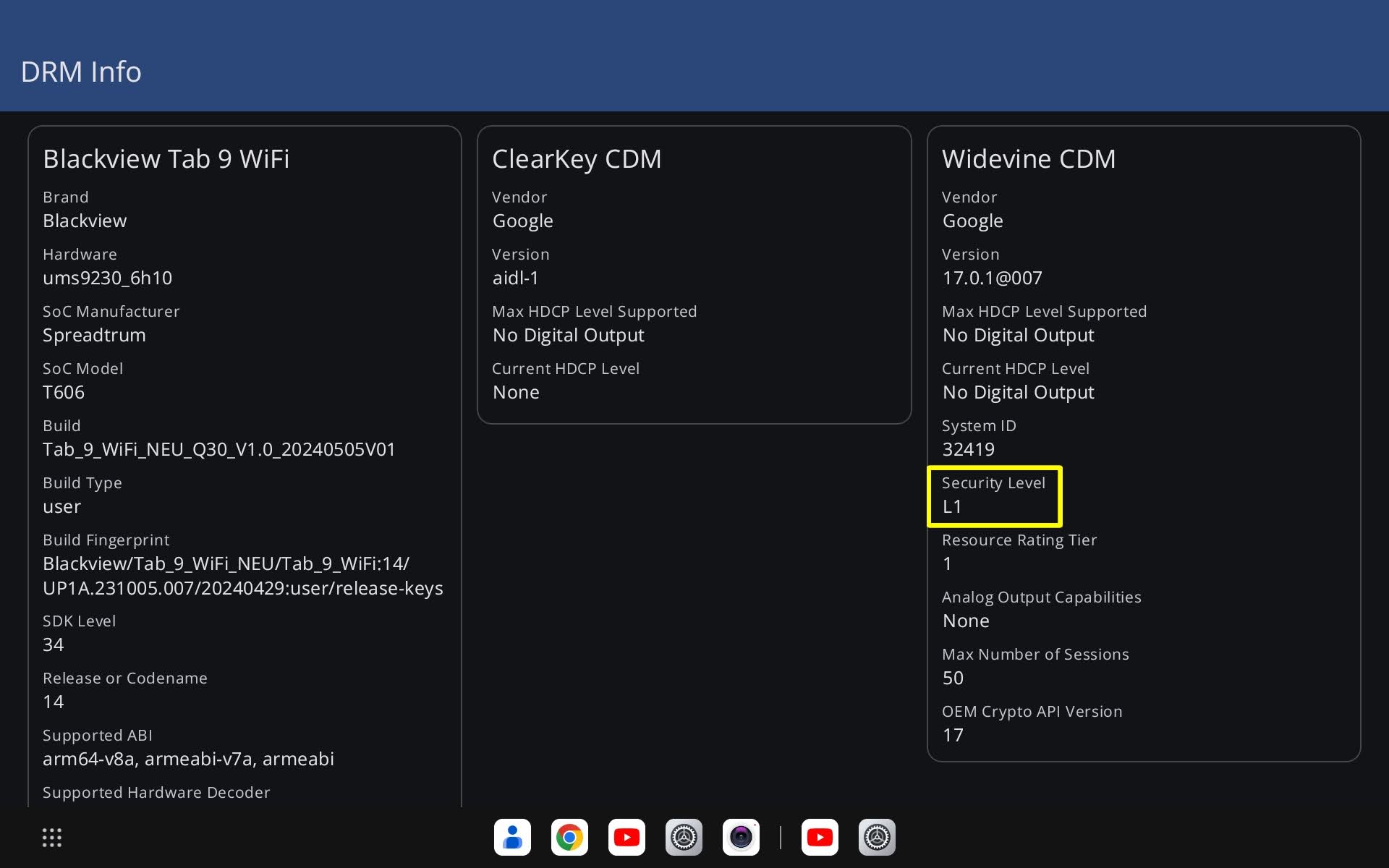 Blackview Tab 9 WiFi タブレット：アプリ「DRM Info」で確認