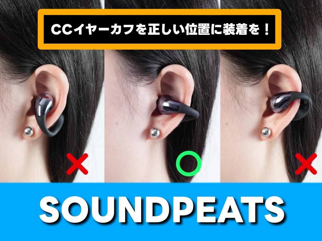 SOUNDPEATS CCイヤーカフイヤホン：正しい装着位置は画像を参照