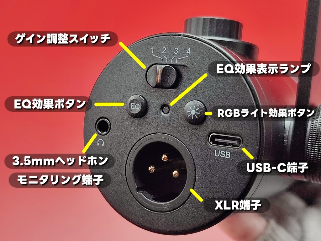 Comica ワイヤレスダイナミックマイク：ゲイン調整スイッチ他