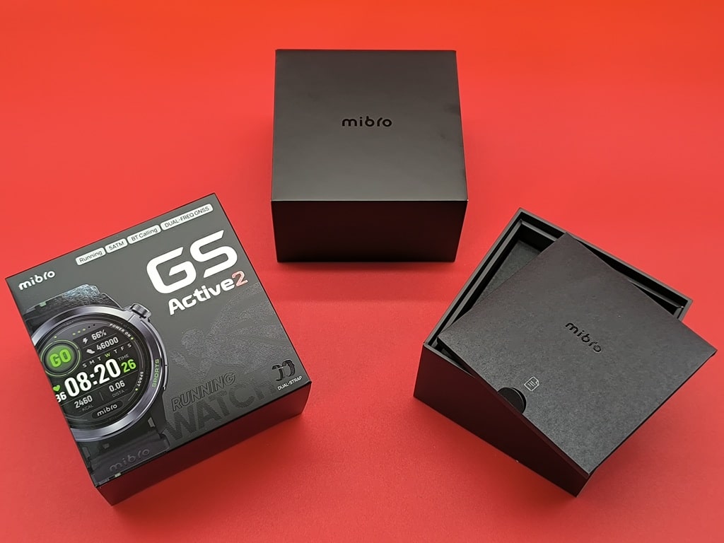 Mibro GS Active 2 スマートウォッチ：化粧箱を開封すると、中央のふた付きボックスが登場！
