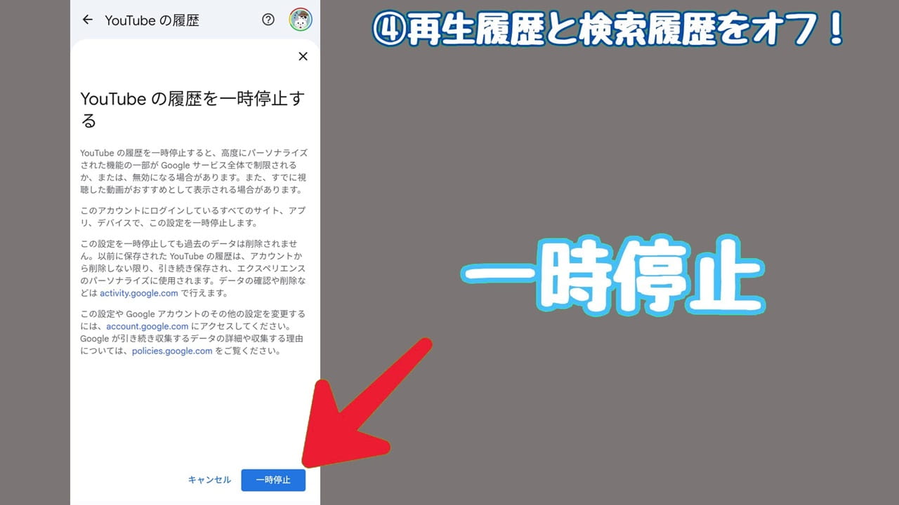 YouTubeのプライバシー設定【4】内容を確認したら「一時停止」をタップ