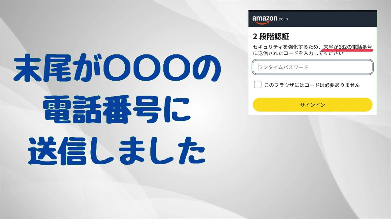 二段階認証の入力画面には「ワンタイムパスワードを〇〇に送信しました」と表示される