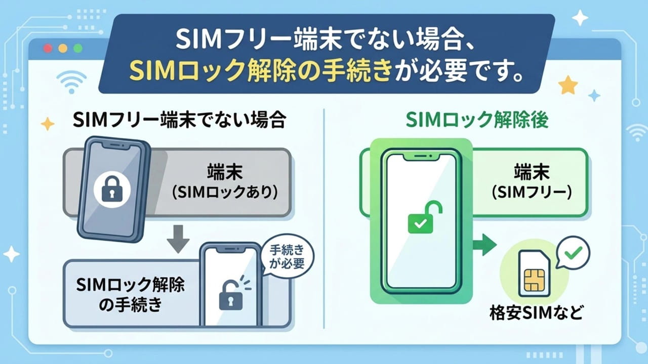 スマホ料金の節約のコツ:SIMフリー端末でない場合、SIMロック解除の手続きが必要