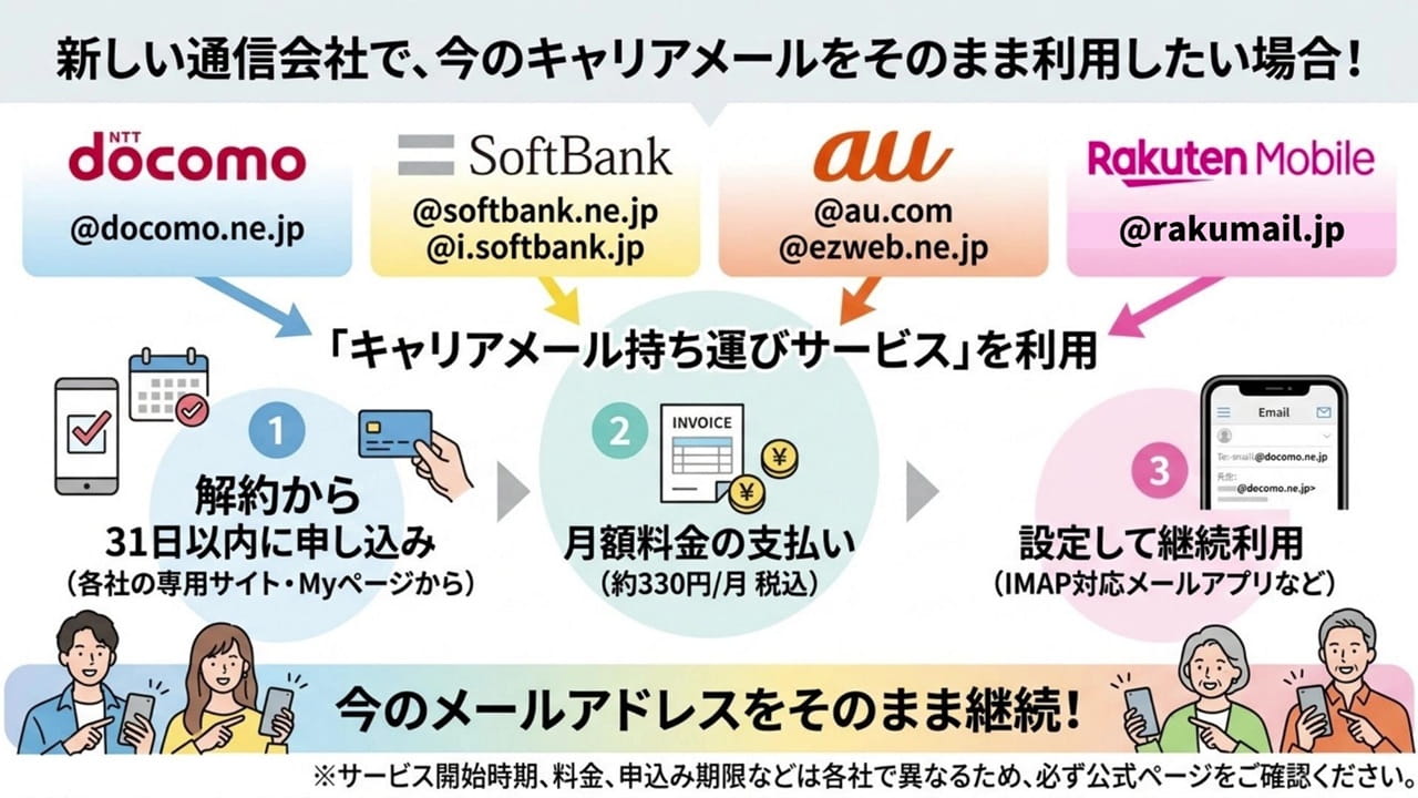 スマホ料金の節約のコツ：ドコモ・ソフトバンク・au・楽天モバイルのキャリアメールを使っている場合