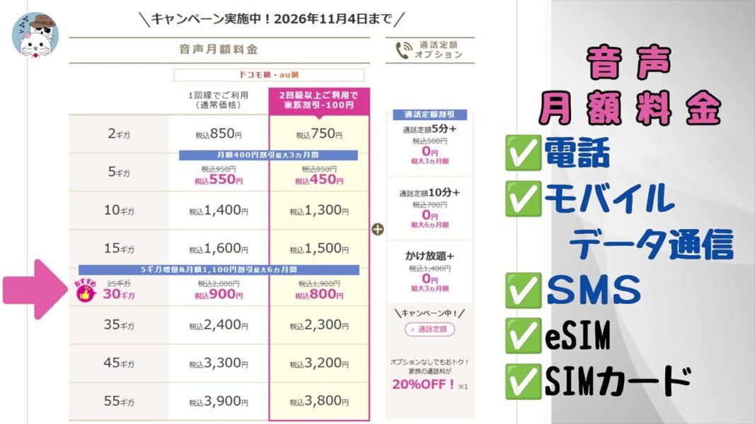 eSIM・SIMカード、月額料金はどちらも同じ、ドコモ回線・au回線から選べるのは嬉しい
