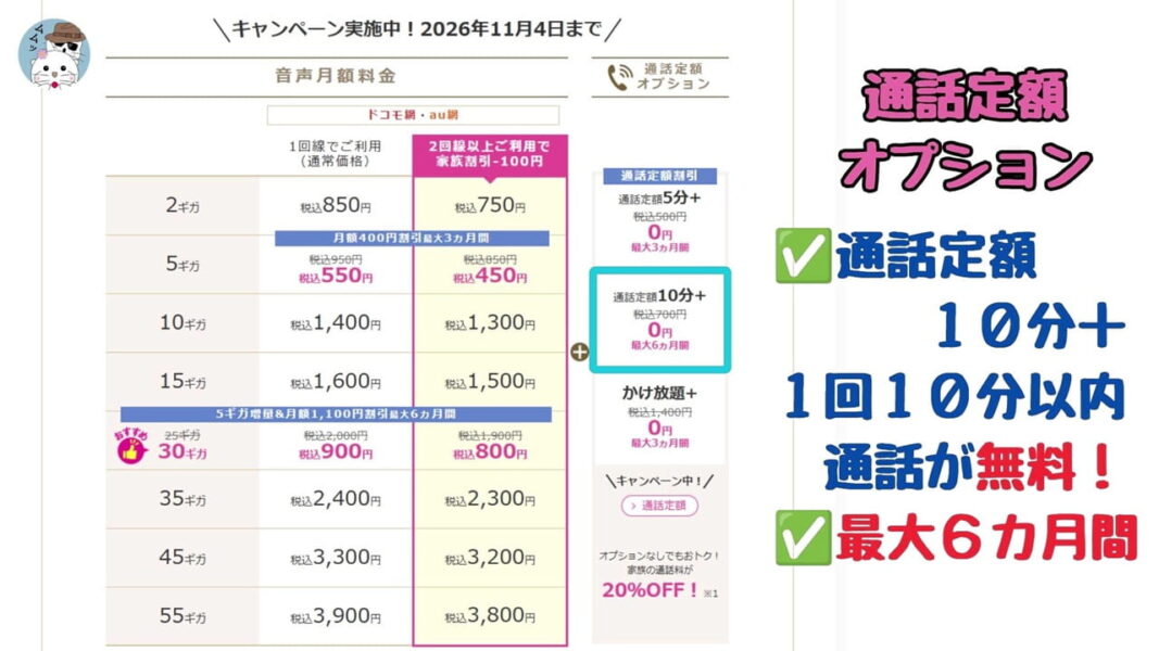 「通話定額10分+」は最もおすすめのオプション